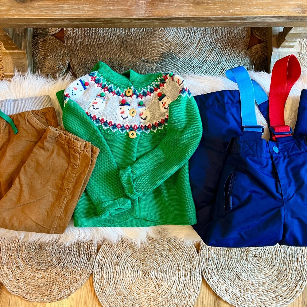 3 Mini Baby Boden Christmas Snowman Sweater Corduroy Pant Snow Bib Pants 3-4Y
